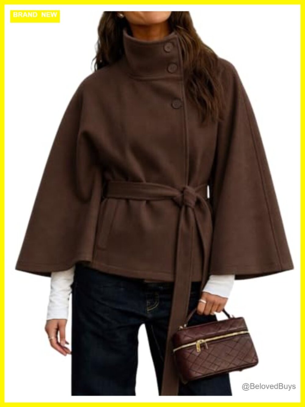 Women's Wool Blend Batwing Sleeve Pea Coat Belted Cape Jacket